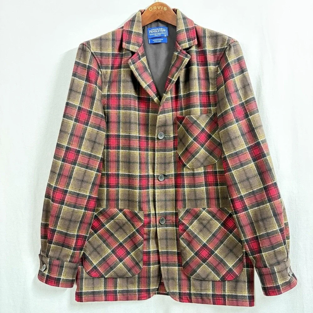 Vintage Pendleton Fitted Pure Virgin Wool Blazer Red‎ Tartan Plaid USA Made Sz S